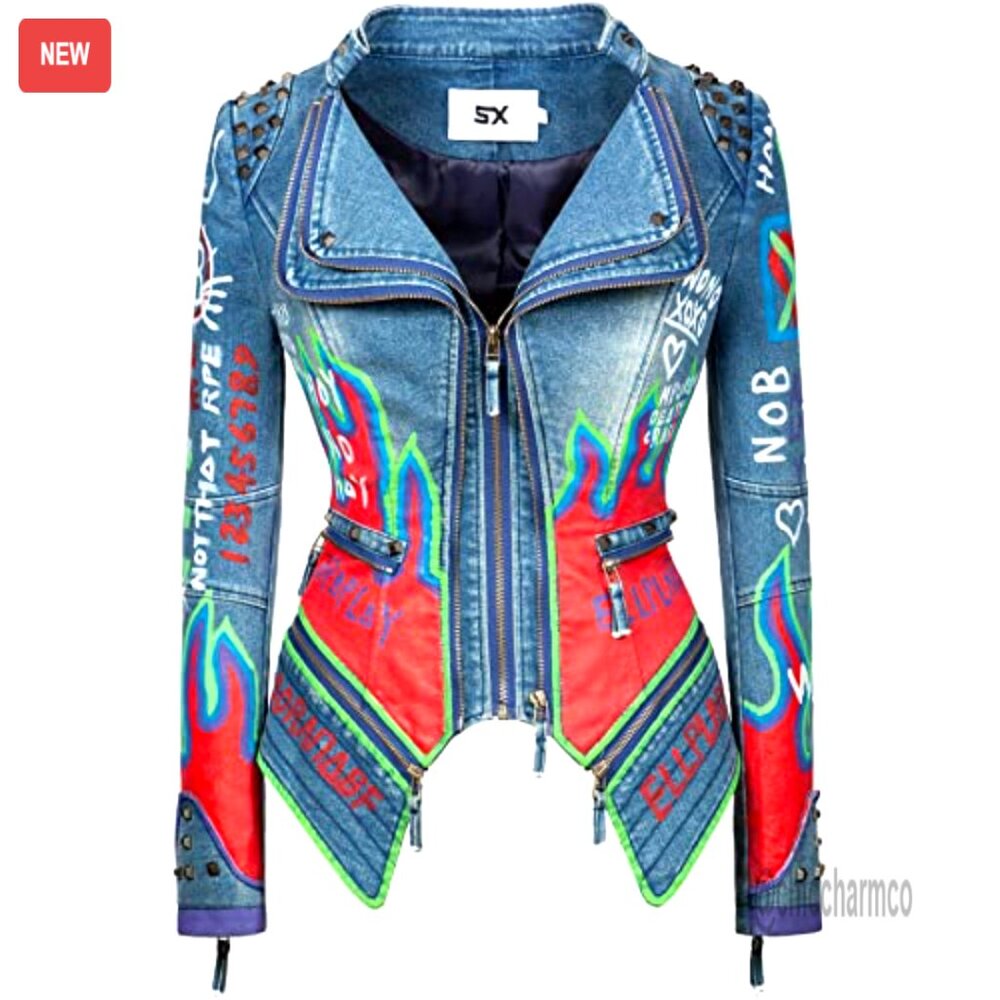 Punk Floral Embroidered Faux Leather Moto Jacket Short Style Hand-Painted - Picture 2 of 4